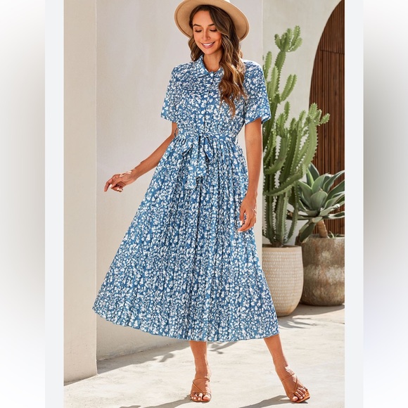 Petallush Dresses & Skirts - PETALLUSH blue Floral Midi Pleated Dress Size XL women With Belt Casual N20